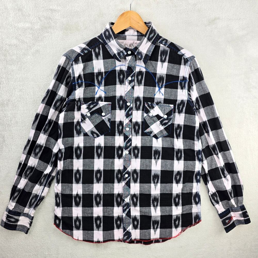 Ryan Michael Pearl Snap Shirt Mens Medium Plaid White Black Western Cowboy